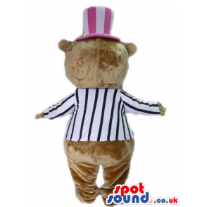 Brown bear wearing a striped black and white jacket and a