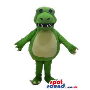 Smiling green dino with sharp white teeth - Custom Mascots