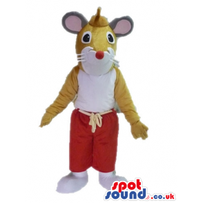 Brown mouse with a white belly and a round red nose and long