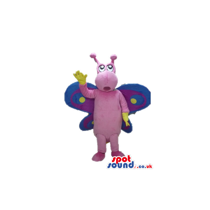 Pink hippo with blue, yellow and violet butterfly wings -