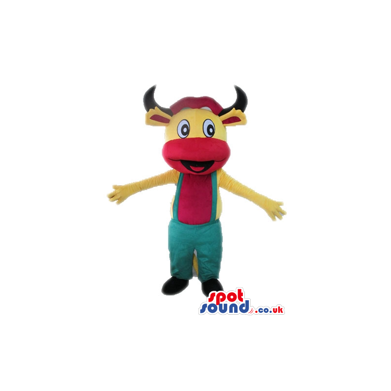Yellow bull with big round eyes and black horns and a red belly