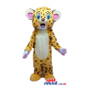 Yellow and black cheetah with pink ears and round light-blue