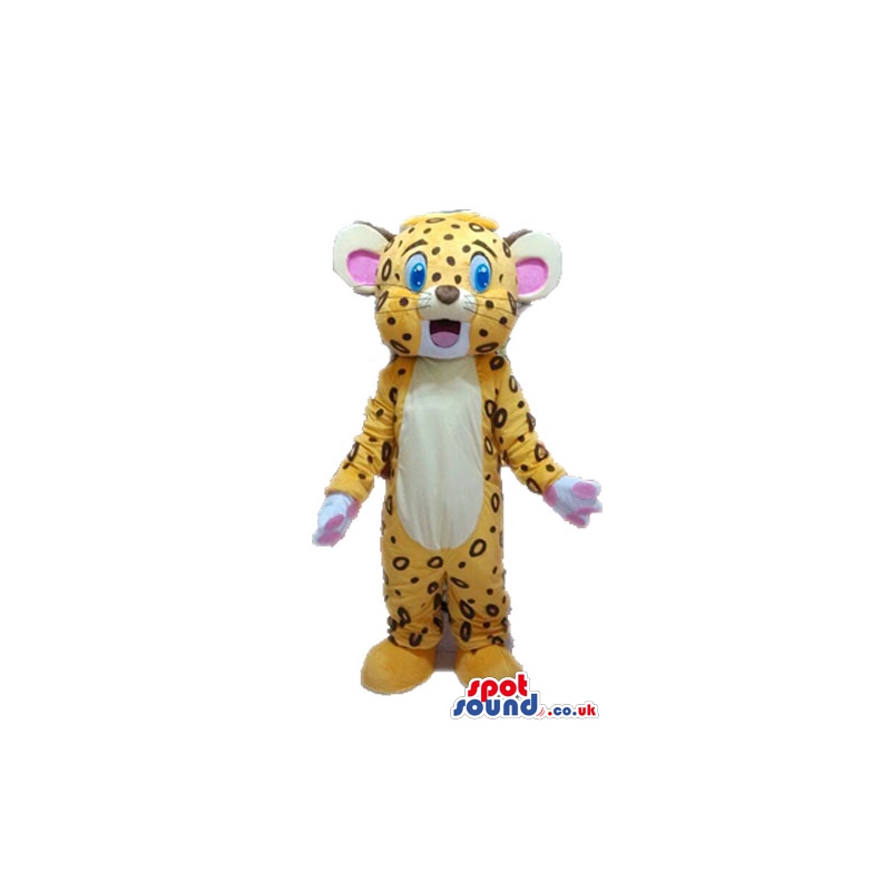 Yellow and black cheetah with pink ears and round light-blue