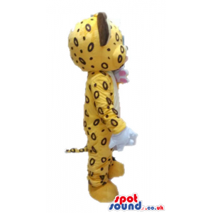 Yellow and black cheetah with pink ears and round light-blue