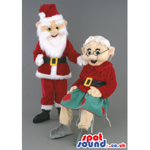 Grandmother And Santa Claus Mascots With Green And Red Garments