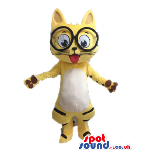 Yellow cat with black stripes and large glasses - Custom Mascots
