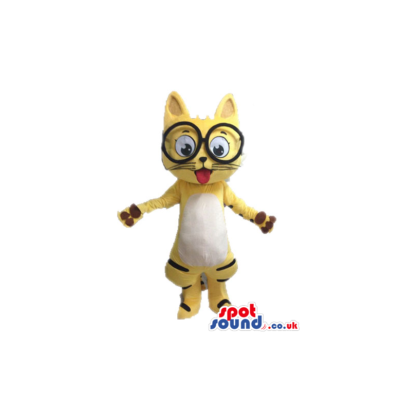 Yellow cat with black stripes and large glasses - Custom Mascots