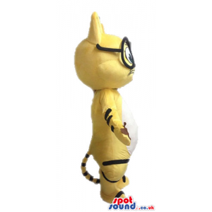 Yellow cat with black stripes and large glasses - Custom Mascots