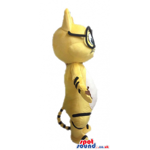 Yellow cat with black stripes and large glasses - Custom Mascots