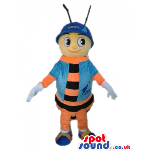 Orange and black bee with white wings wearing a light-blue