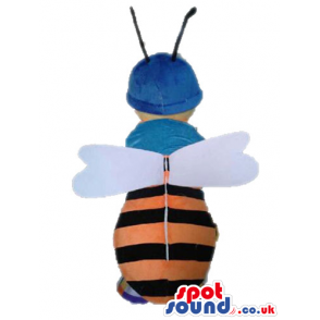 Orange and black bee with white wings wearing a light-blue