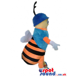 Orange and black bee with white wings wearing a light-blue