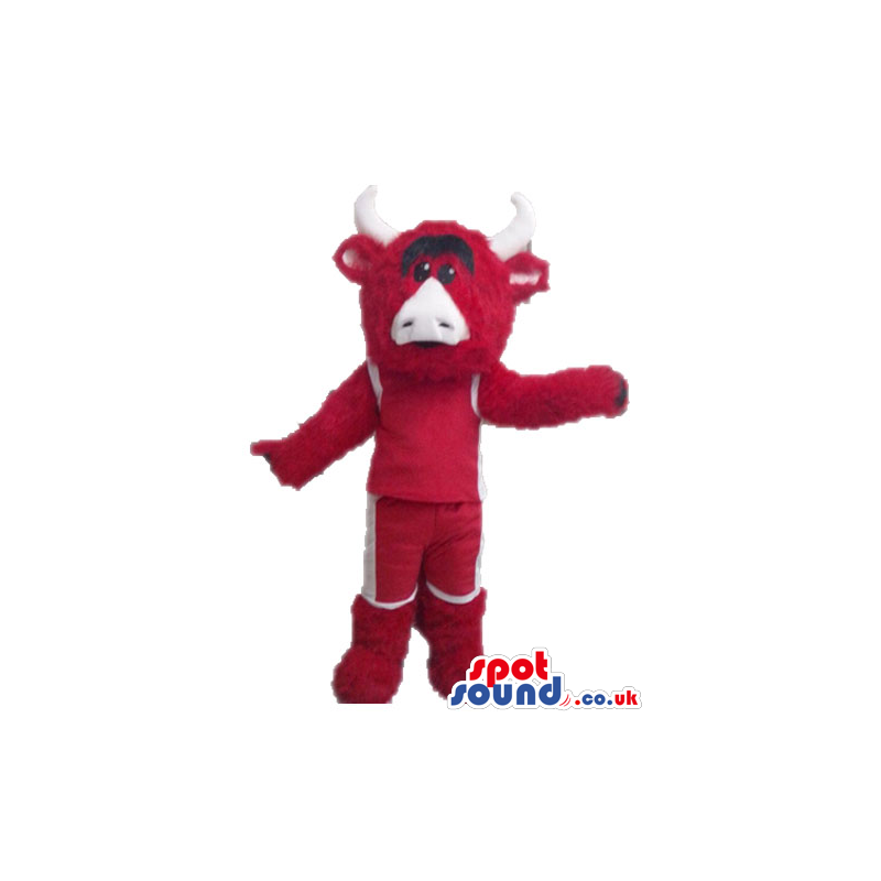 Red bull with white horns and a white nose wearing red boots -