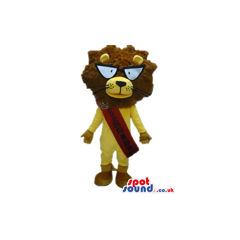 Yellow lion with a furry brown head, big round eyes, beige feet