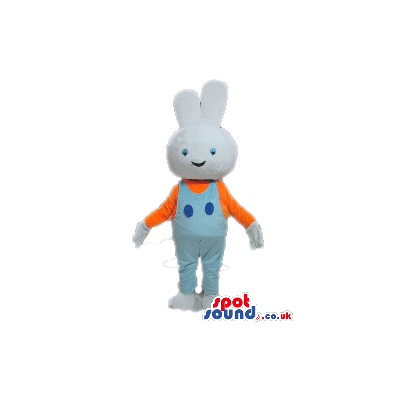 White rabbit with small liht-blue eyes wearing an orange