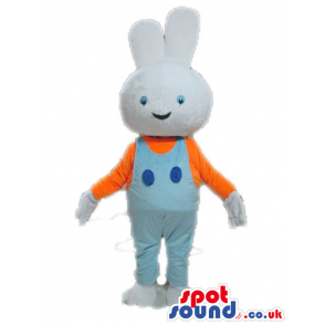 White rabbit with small liht-blue eyes wearing an orange