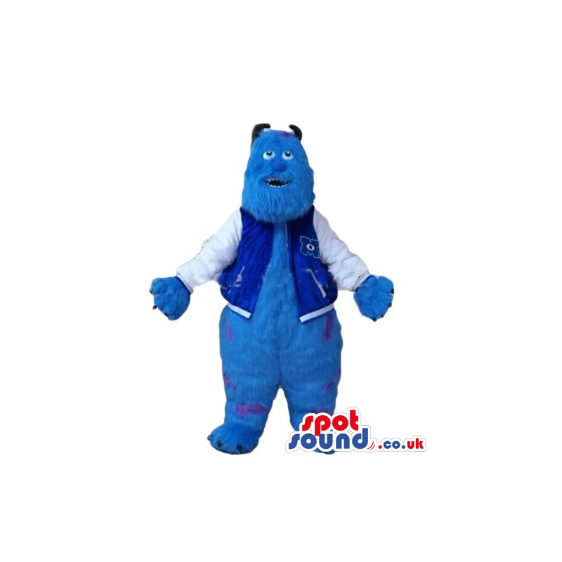 Blue furry monster with brown horns and claws and violet dots -