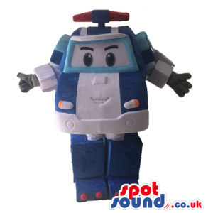 Blue and grey robot resembling a car with a red light on top