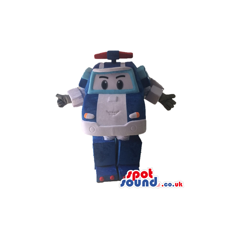 Blue and grey robot resembling a car with a red light on top