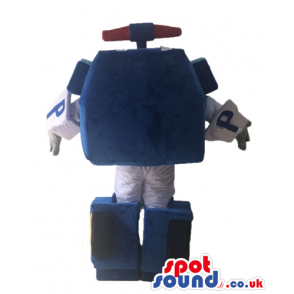 Blue and grey robot resembling a car with a red light on top
