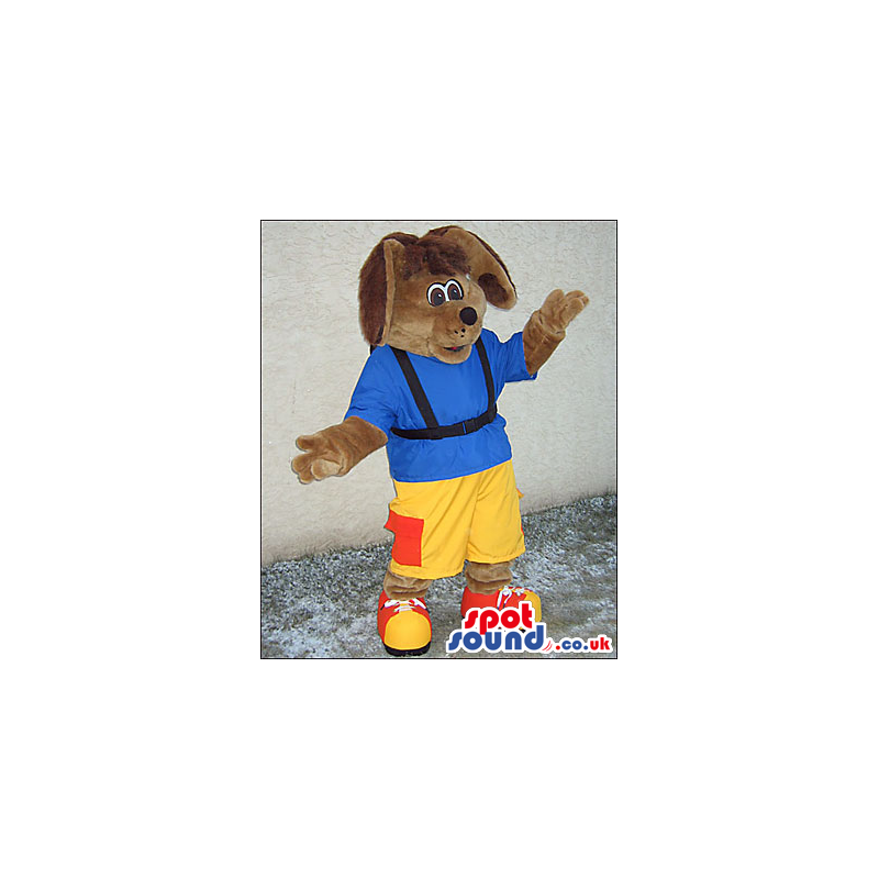 Brown Dog Mascot With Blue T-Shirt And Yellow Pants - Custom