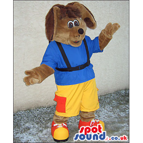 Brown Dog Mascot With Blue T-Shirt And Yellow Pants - Custom