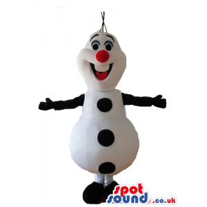 Snowman with round black buttons, black eyes, a big smile and a