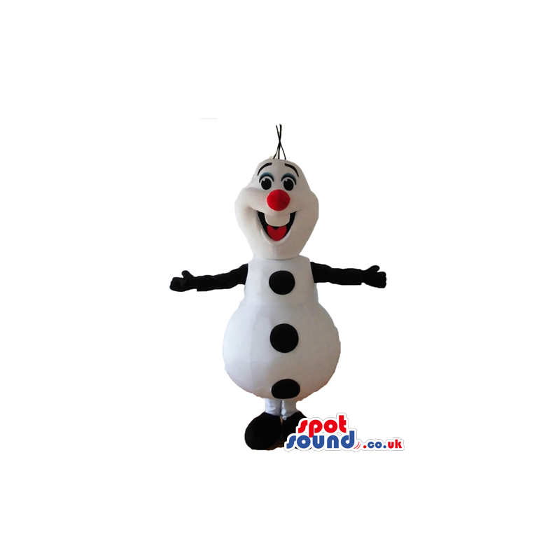 Snowman with round black buttons, black eyes, a big smile and a