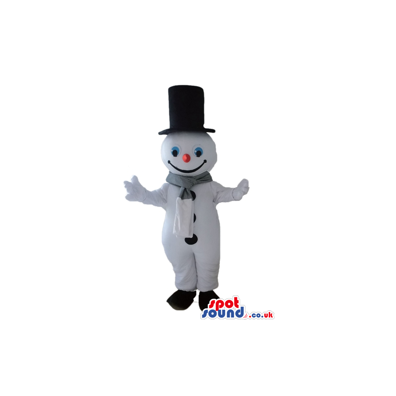 Snowman with round light-blue eyes and a pink nose wearing a