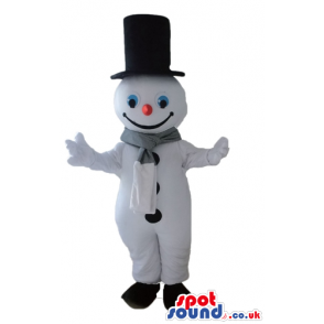 Snowman with round light-blue eyes and a pink nose wearing a