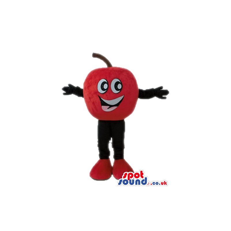 Smiling red cherry with big eyes, black arms and black legs -