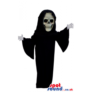 Death Halloween Mascot With Black Gown And Scary Skull Face