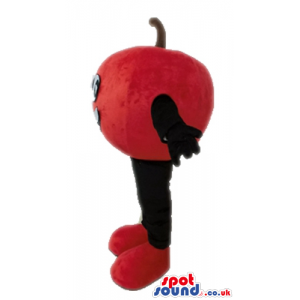 Smiling red cherry with big eyes, black arms and black legs -