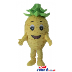 Yellow smiling pineapple with big round eyes, yellow arms and