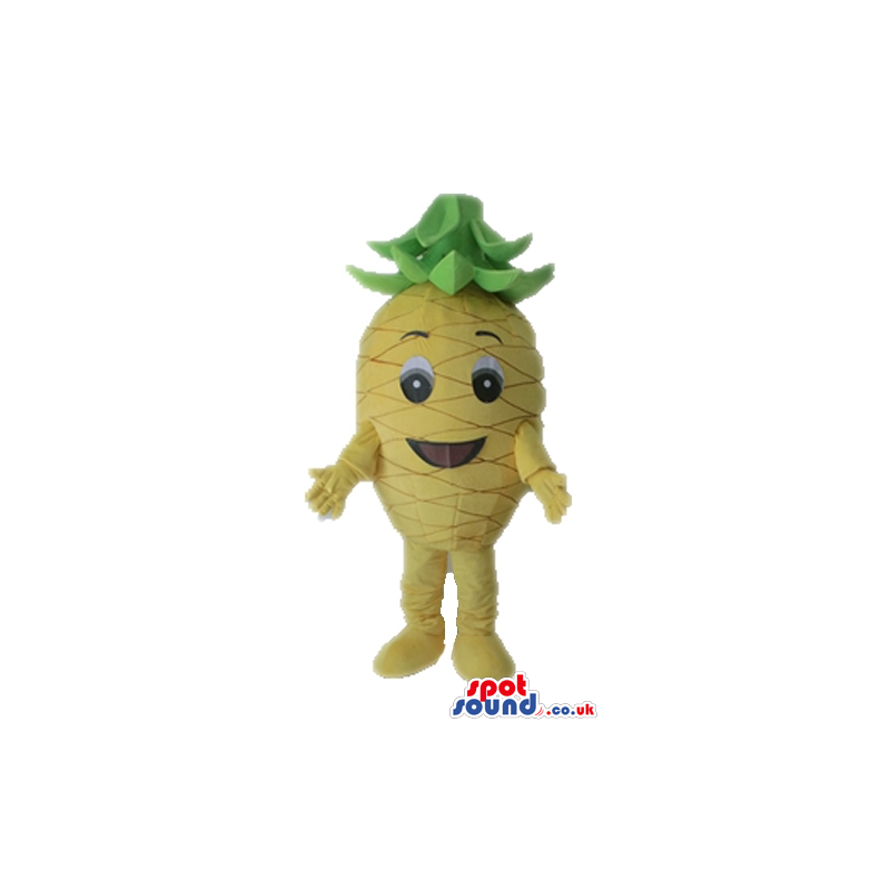 Yellow smiling pineapple with big round eyes, yellow arms and