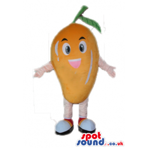 Smiling orange fruit with pink arms and legs and white hands