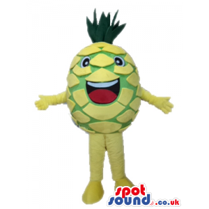 Smiling green and yellow fruit with small eyes, yellow arms and