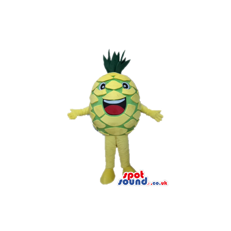 Smiling green and yellow fruit with small eyes, yellow arms and