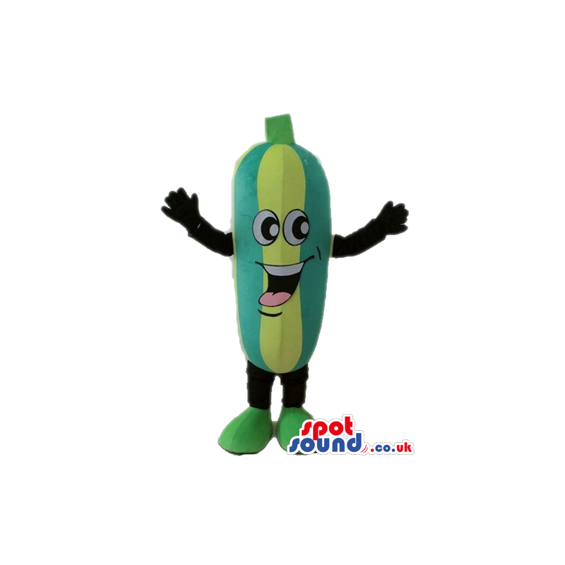 Green and yellow smiling cucumber with black arms and legs and