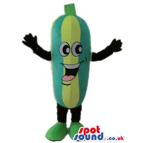 Green and yellow smiling cucumber with black arms and legs and
