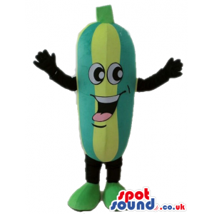 Green and yellow smiling cucumber with black arms and legs and