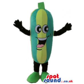 Green and yellow smiling cucumber with black arms and legs and