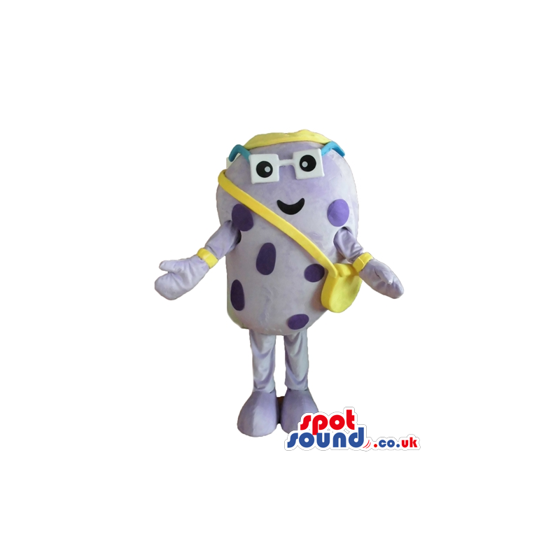Purple monster with violet spots wearing glasses and carrying a