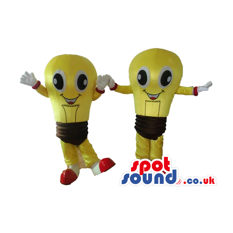 2 smiling yellow and brown light bulbs with big round eyes, and