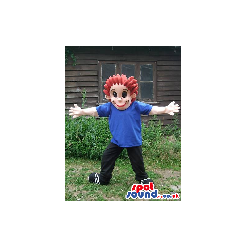 Boy Mascot With Red Or Brown Hair With A T-Shirt And Freckles -