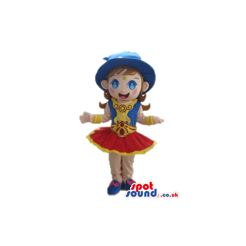 Girl with brown hair wearing a blue hat, blue shoes, a red mini