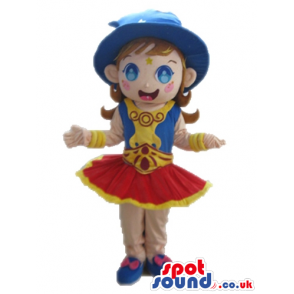 Girl with brown hair wearing a blue hat, blue shoes, a red mini