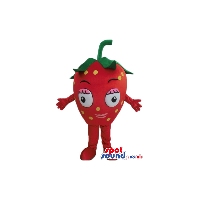 Smiling strawberry with big eyes, red arms and red legs -