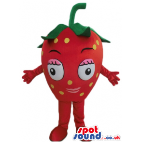 Smiling strawberry with big eyes, red arms and red legs -