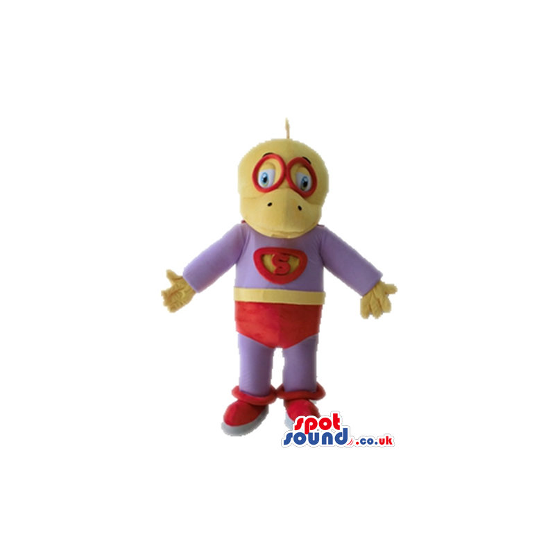 Yellow duck dressed as a superhero in a purple suit, with red